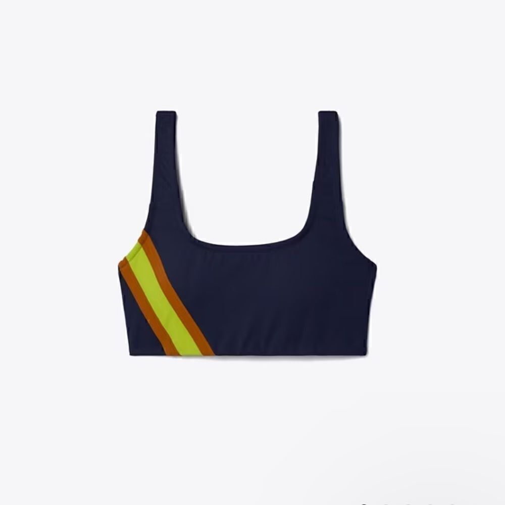 Tory Burch navy green brown retro striped compression athletic bra